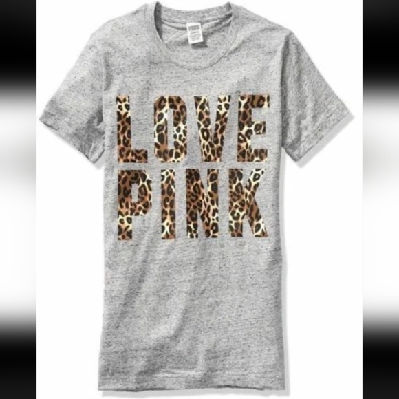 VS PINK Leopard Print Campus Logo Short Sleeve T-Shirt/ Large - Picture 1 of 6